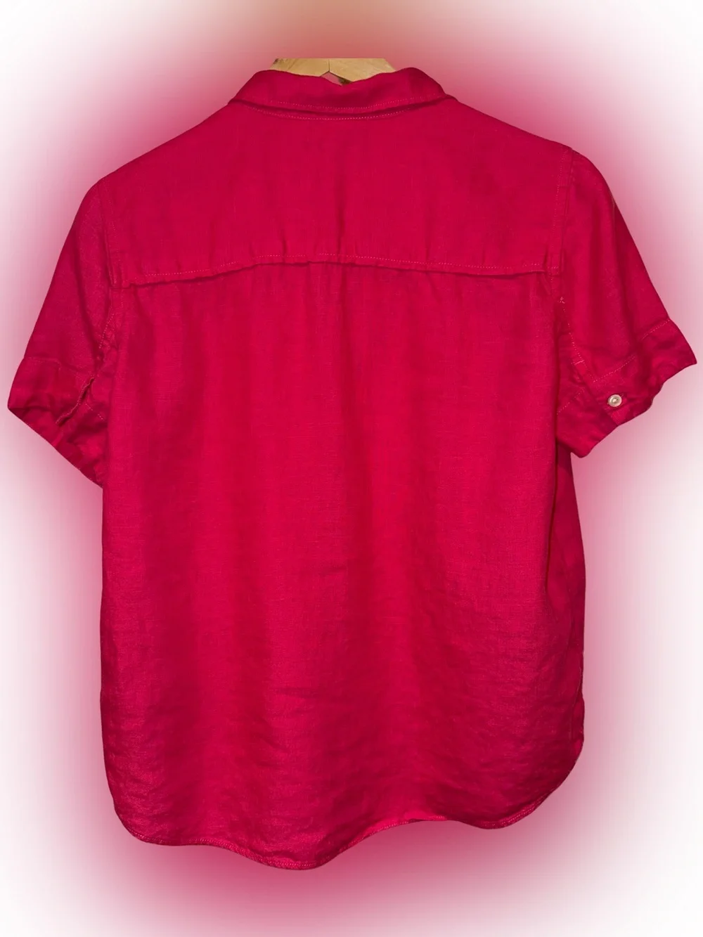 J. Crew 100% Linen Popover Top Short Sleeve S Coastal Hot Pink Preppy Collared
